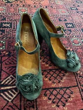 Chie Mihara Teal Suede Flowered Heels size 39